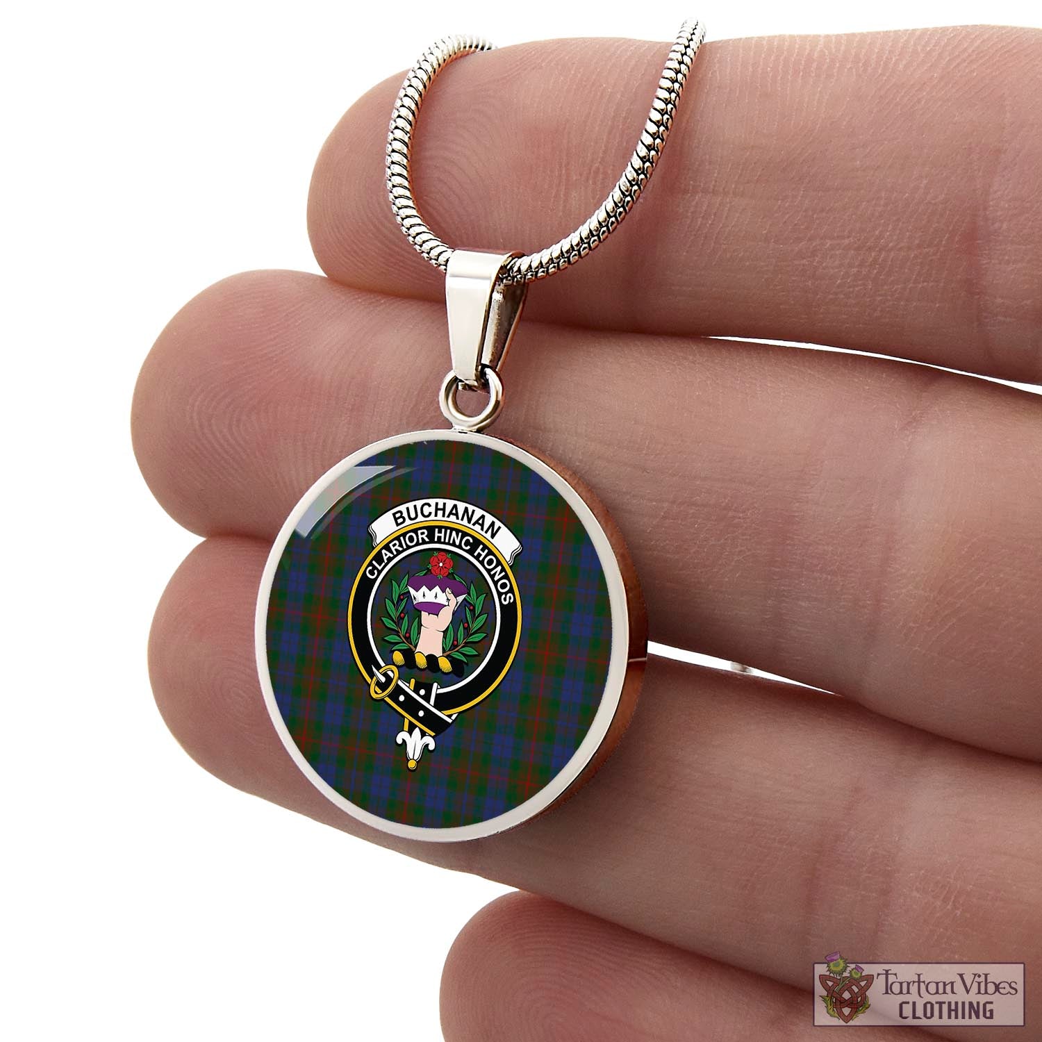 Tartan Vibes Clothing Buchanan Hunting Tartan Circle Necklace with Family Crest