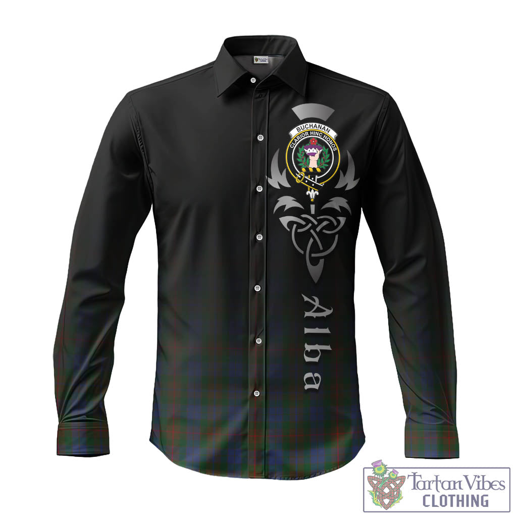 Tartan Vibes Clothing Buchanan Hunting Tartan Long Sleeve Button Up Featuring Alba Gu Brath Family Crest Celtic Inspired