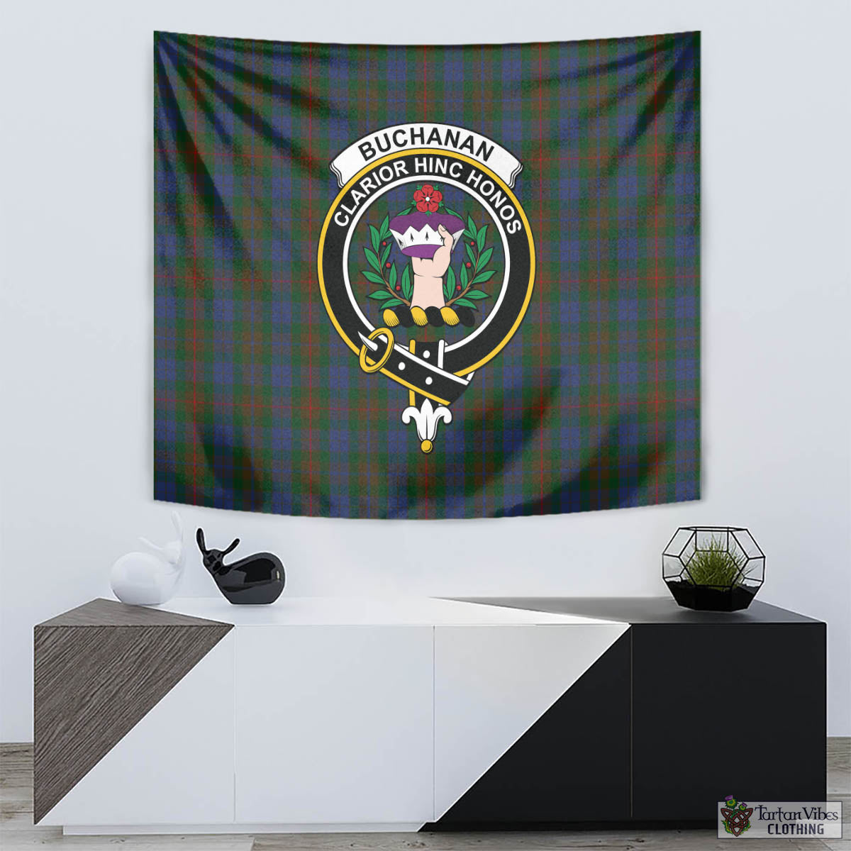 Tartan Vibes Clothing Buchanan Hunting Tartan Tapestry Wall Hanging and Home Decor for Room with Family Crest