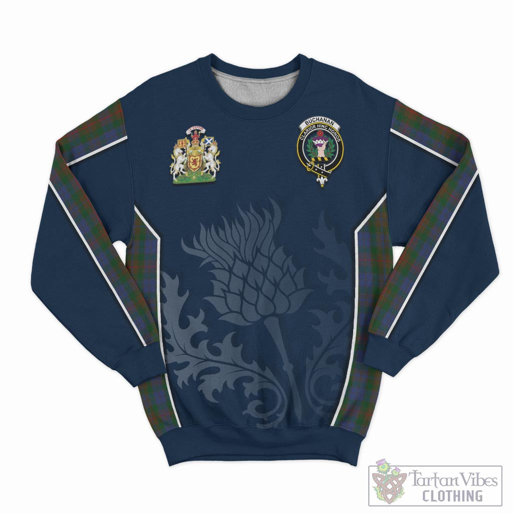 Tartan Vibes Clothing Buchanan Hunting Tartan Sweatshirt with Family Crest and Scottish Thistle Vibes Sport Style