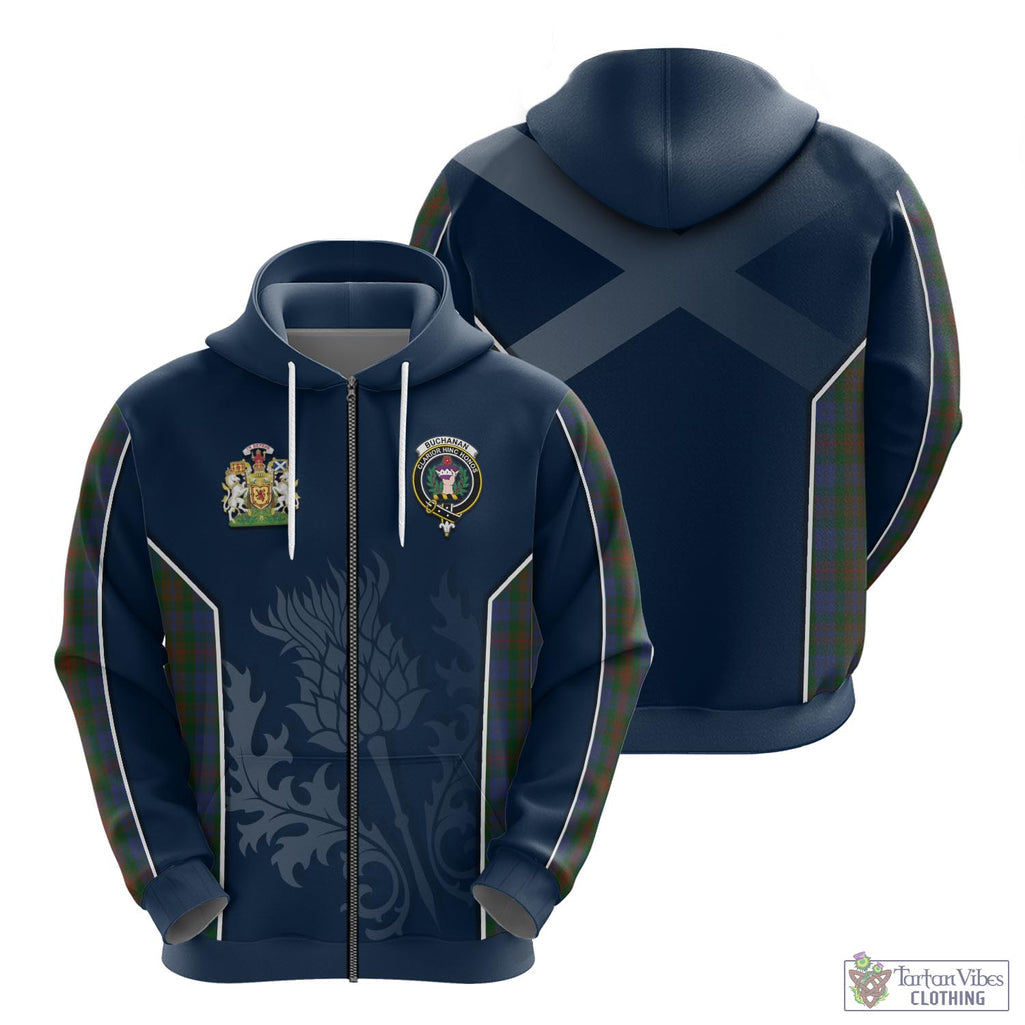 Tartan Vibes Clothing Buchanan Hunting Tartan Hoodie with Family Crest and Scottish Thistle Vibes Sport Style