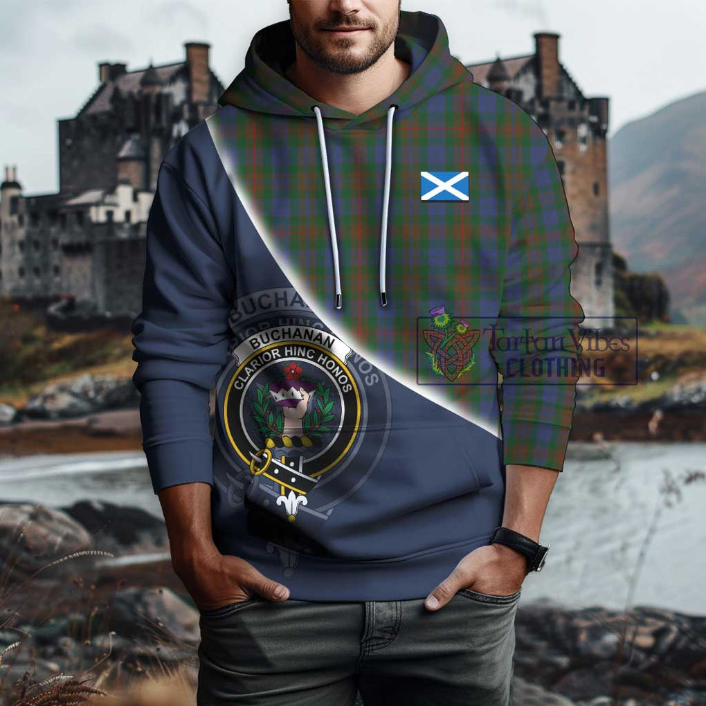 Buchanan Hunting Tartan Hoodie with Personalised National Flag and Family Crest Half Style - Tartanvibesclothing Shop