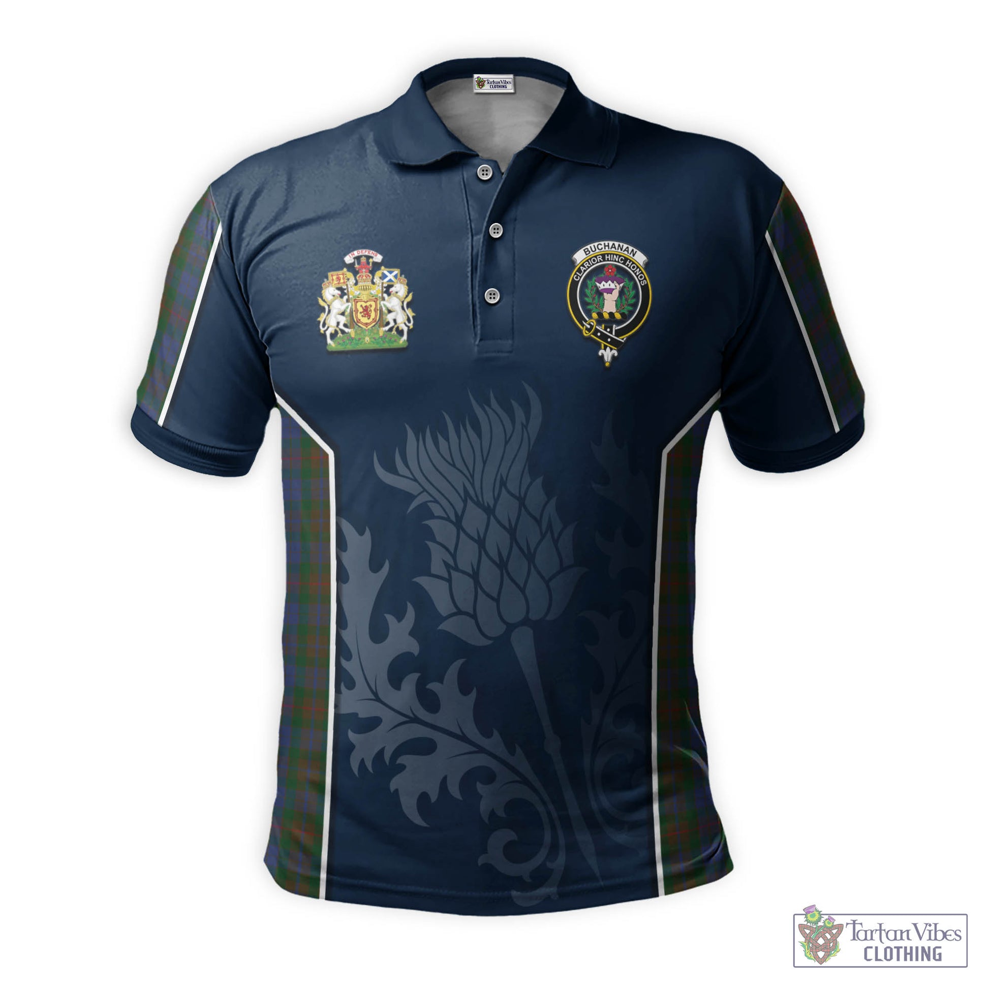 Tartan Vibes Clothing Buchanan Hunting Tartan Men's Polo Shirt with Family Crest and Scottish Thistle Vibes Sport Style