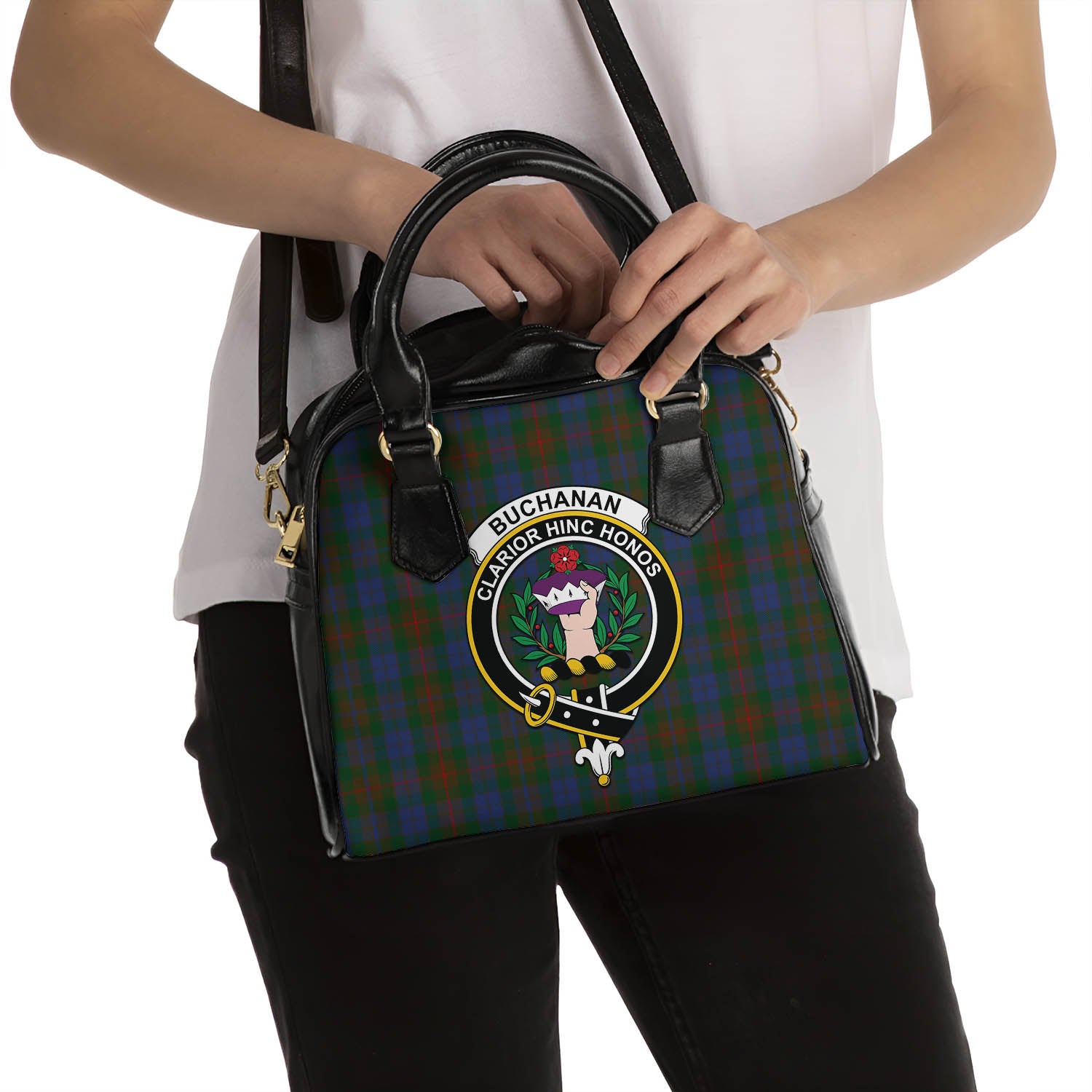 Buchanan Hunting Tartan Shoulder Handbags with Family Crest - Tartanvibesclothing