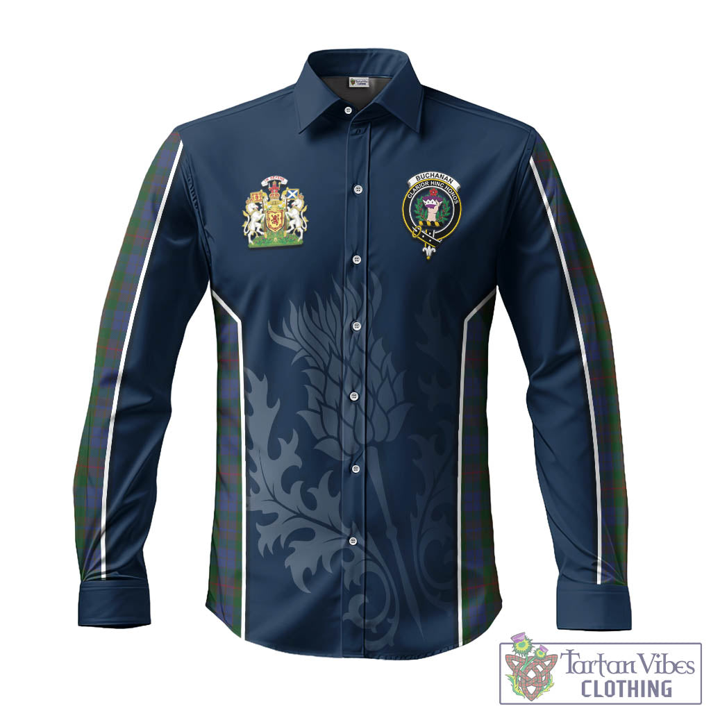 Tartan Vibes Clothing Buchanan Hunting Tartan Long Sleeve Button Up Shirt with Family Crest and Scottish Thistle Vibes Sport Style