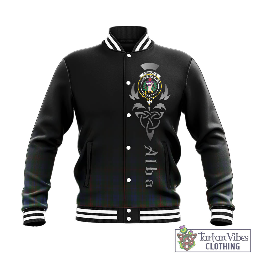 Tartan Vibes Clothing Buchanan Hunting Tartan Baseball Jacket Featuring Alba Gu Brath Family Crest Celtic Inspired