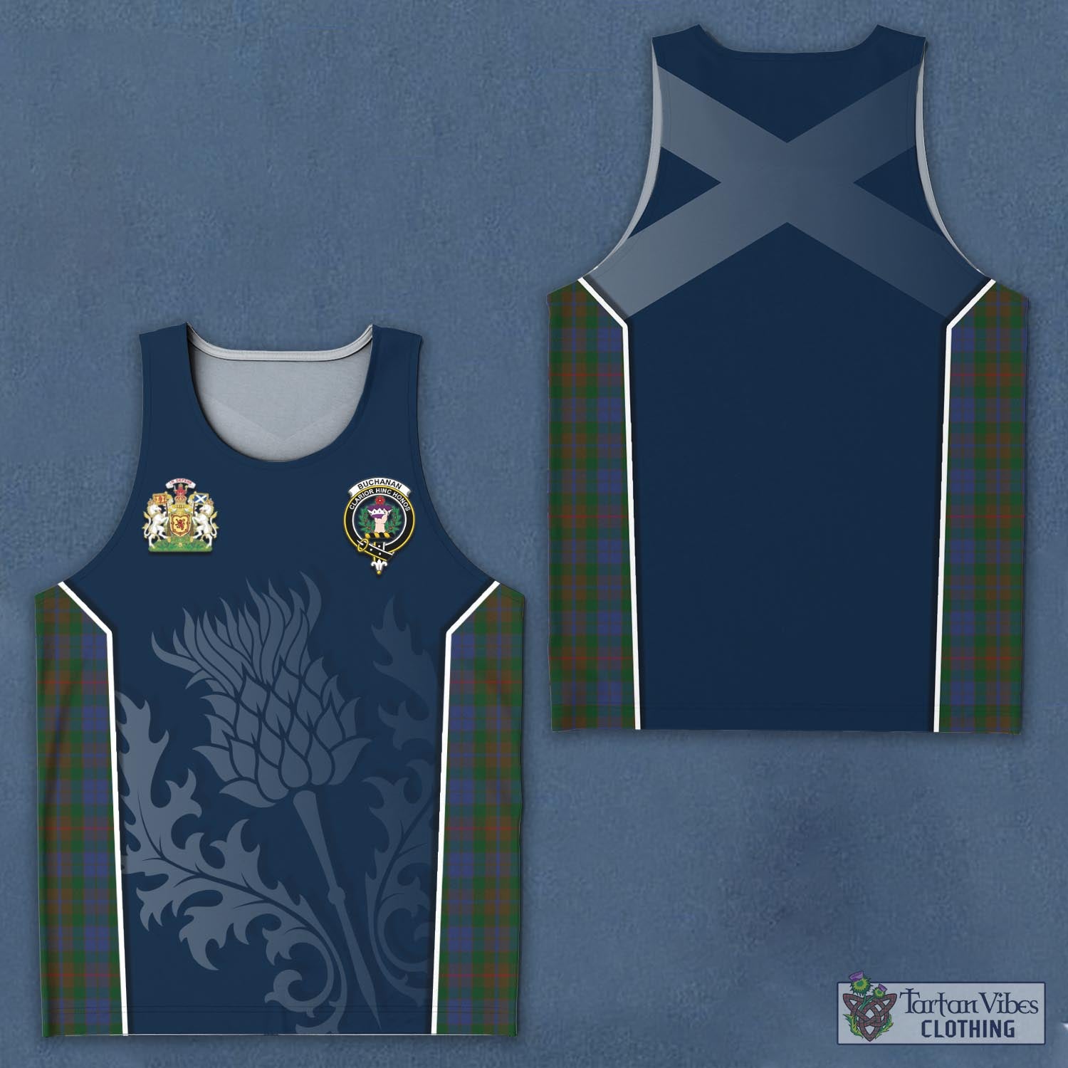 Tartan Vibes Clothing Buchanan Hunting Tartan Men's Tanks Top with Family Crest and Scottish Thistle Vibes Sport Style