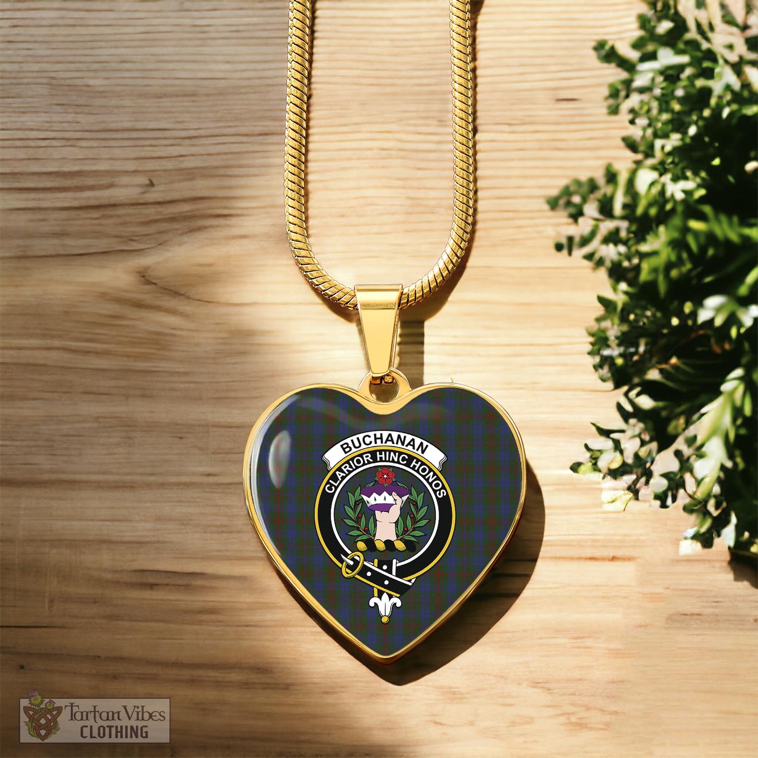 Tartan Vibes Clothing Buchanan Hunting Tartan Heart Necklace with Family Crest