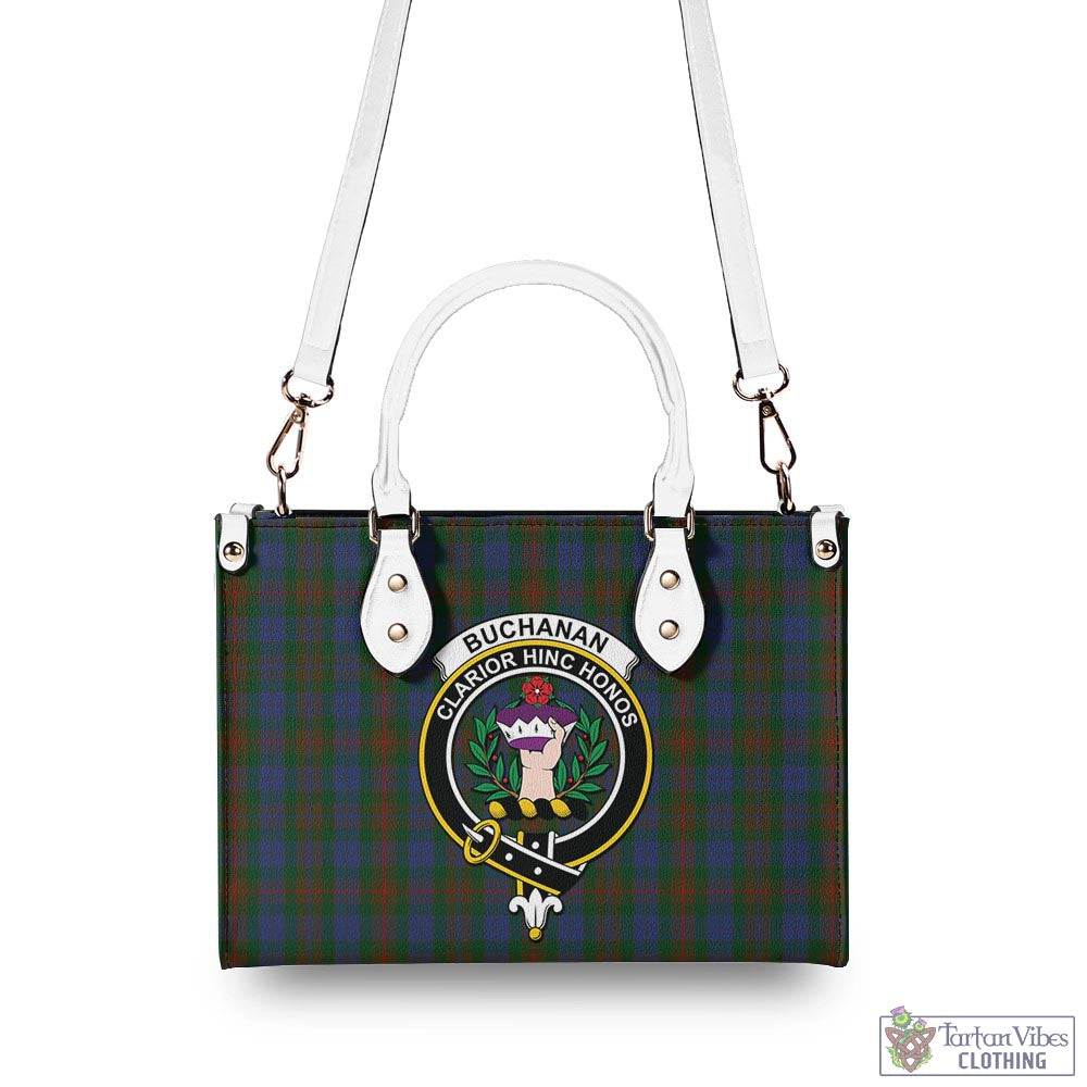 Tartan Vibes Clothing Buchanan Hunting Tartan Luxury Leather Handbags with Family Crest