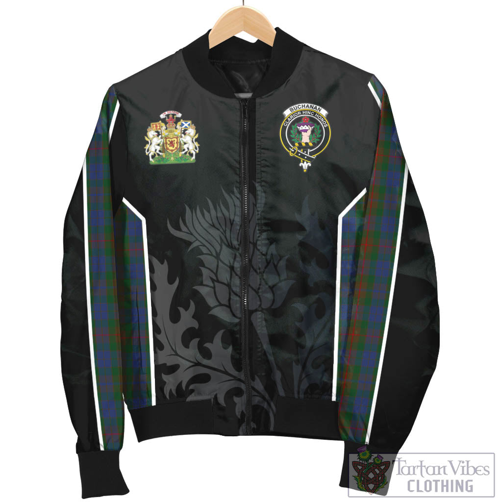 Tartan Vibes Clothing Buchanan Hunting Tartan Bomber Jacket with Family Crest and Scottish Thistle Vibes Sport Style