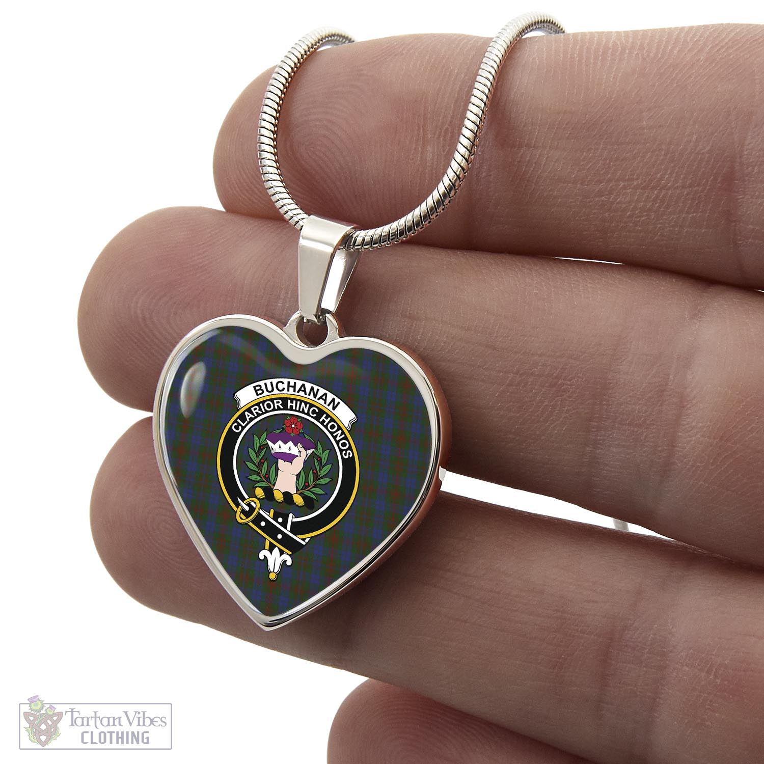 Tartan Vibes Clothing Buchanan Hunting Tartan Heart Necklace with Family Crest