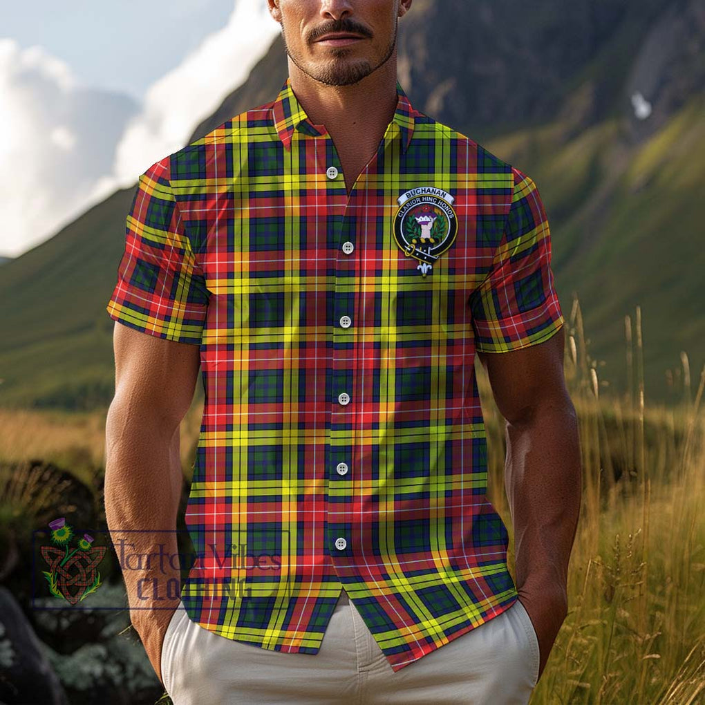 Buchanan Modern Tartan Cotton Hawaiian Shirt with Family Crest Adult - Tartan Vibes Clothing