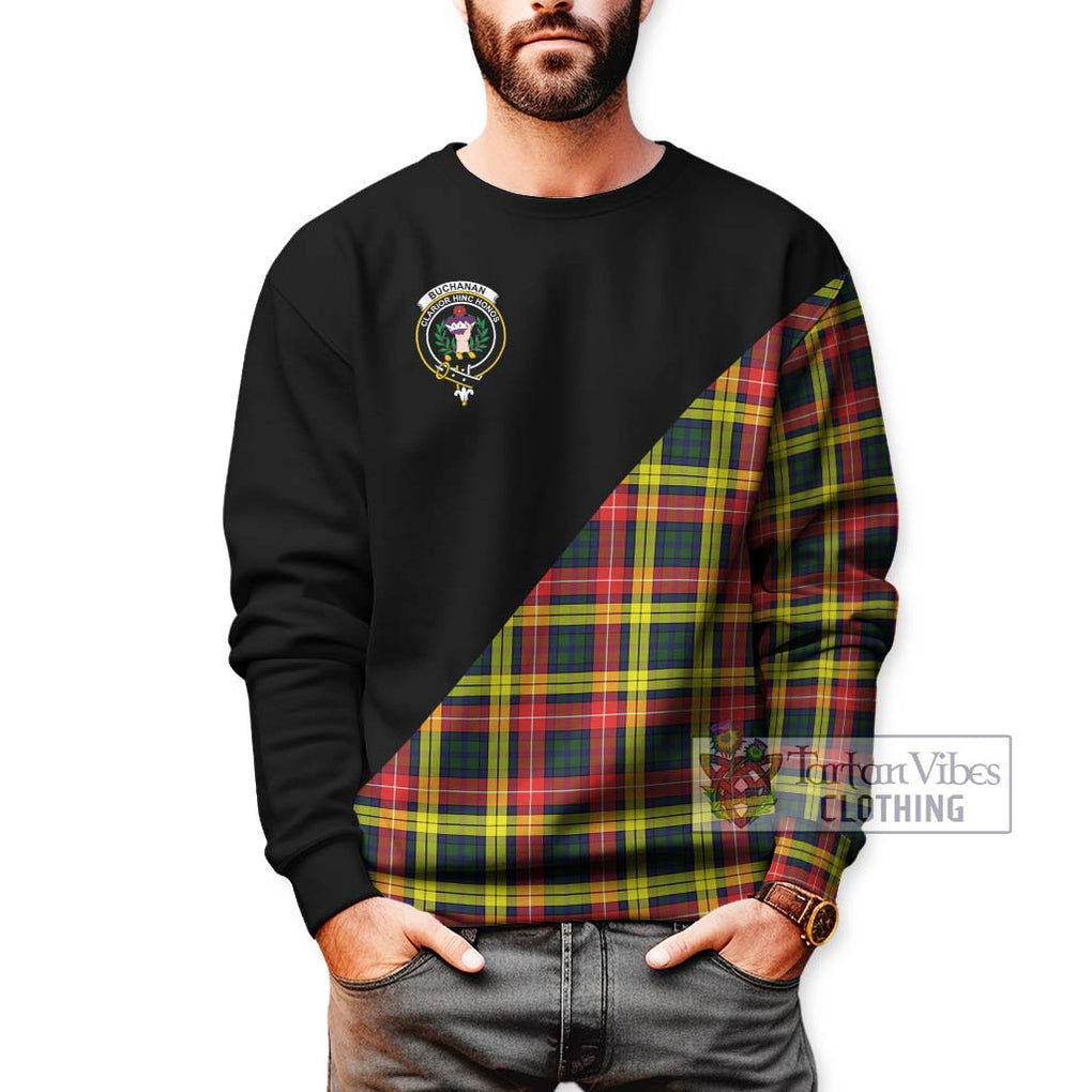 Buchanan Modern Tartan Sweatshirt with Family Crest and Military Logo Style Unisex - Tartanvibesclothing Shop