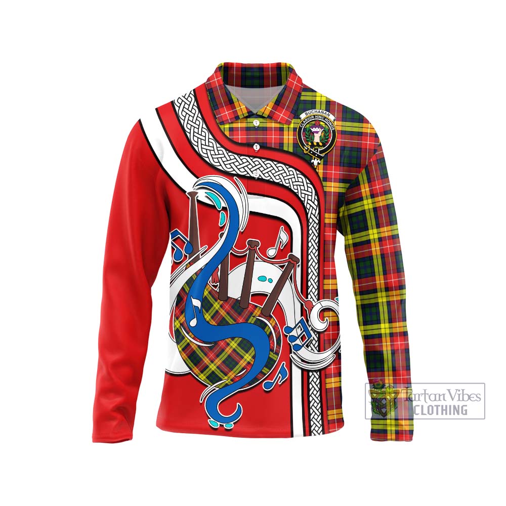 Tartan Vibes Clothing Buchanan Modern Tartan Long Sleeve Polo Shirt with Epic Bagpipe Style