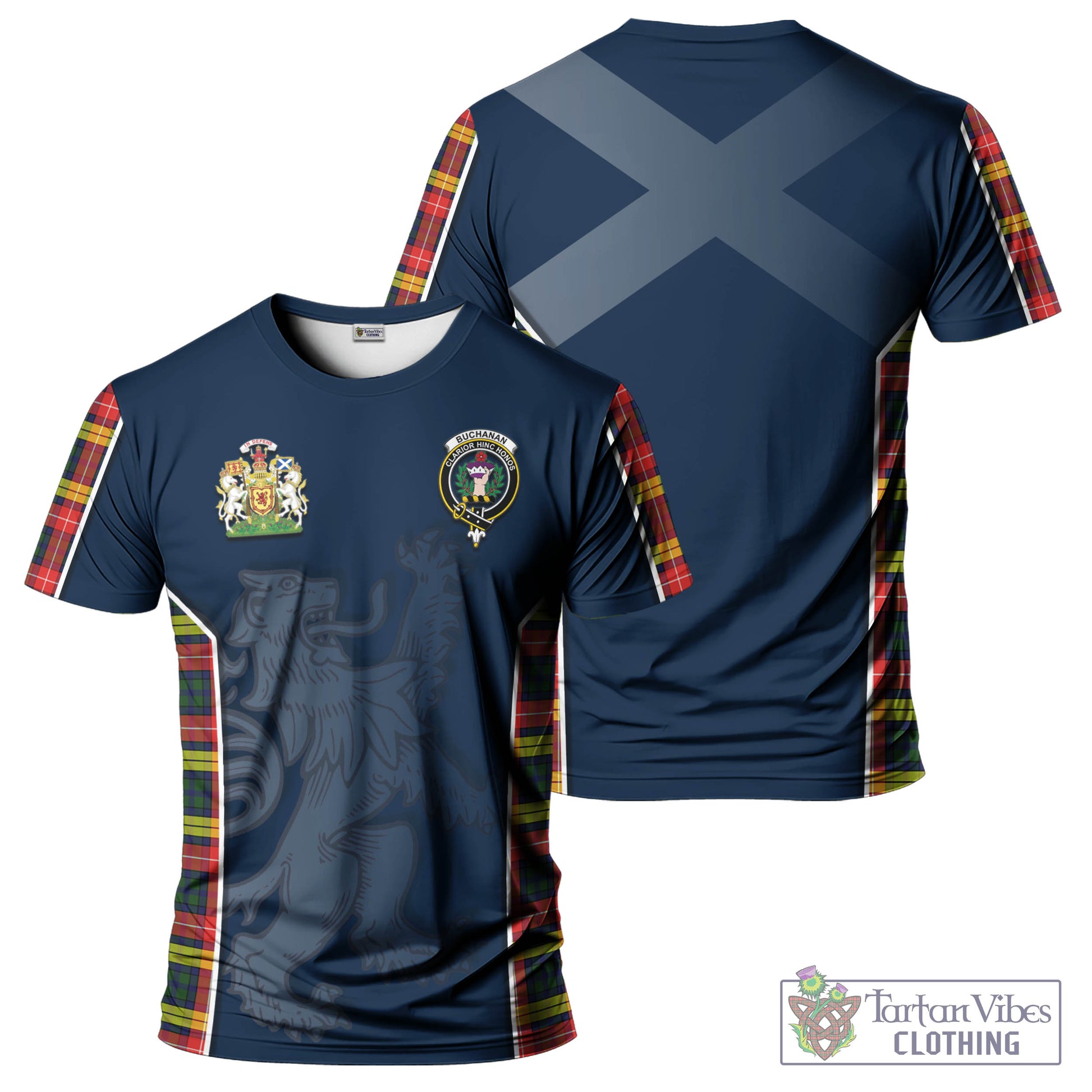 Tartan Vibes Clothing Buchanan Modern Tartan T-Shirt with Family Crest and Lion Rampant Vibes Sport Style