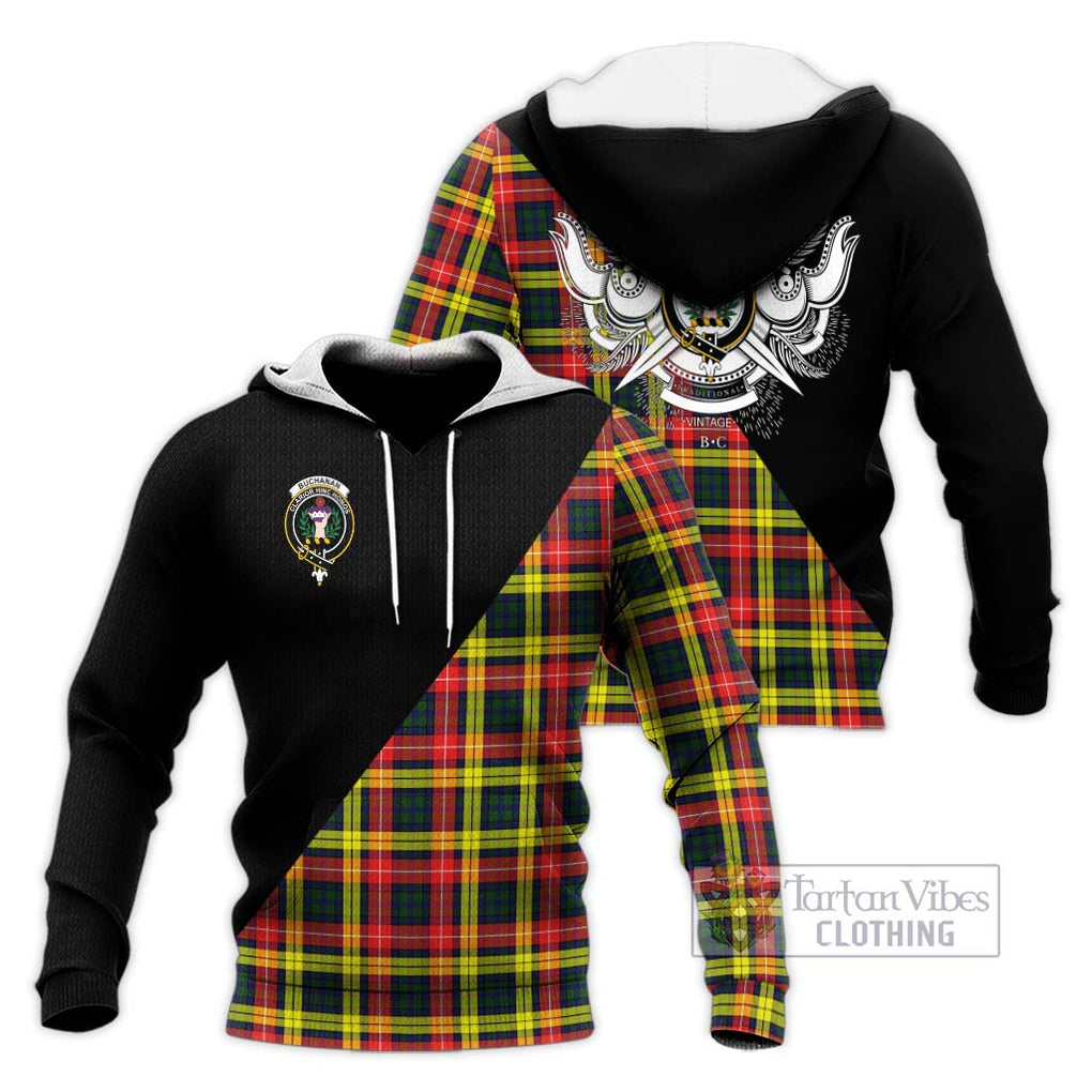 Buchanan Modern Tartan Knitted Hoodie with Family Crest and Military Logo Style Unisex Knitted Pullover Hoodie - Tartanvibesclothing Shop