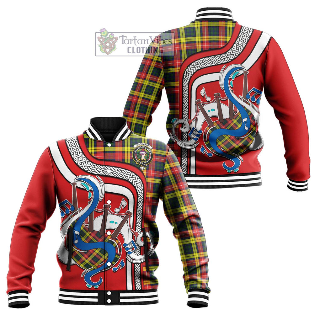 Tartan Vibes Clothing Buchanan Modern Tartan Baseball Jacket with Epic Bagpipe Style