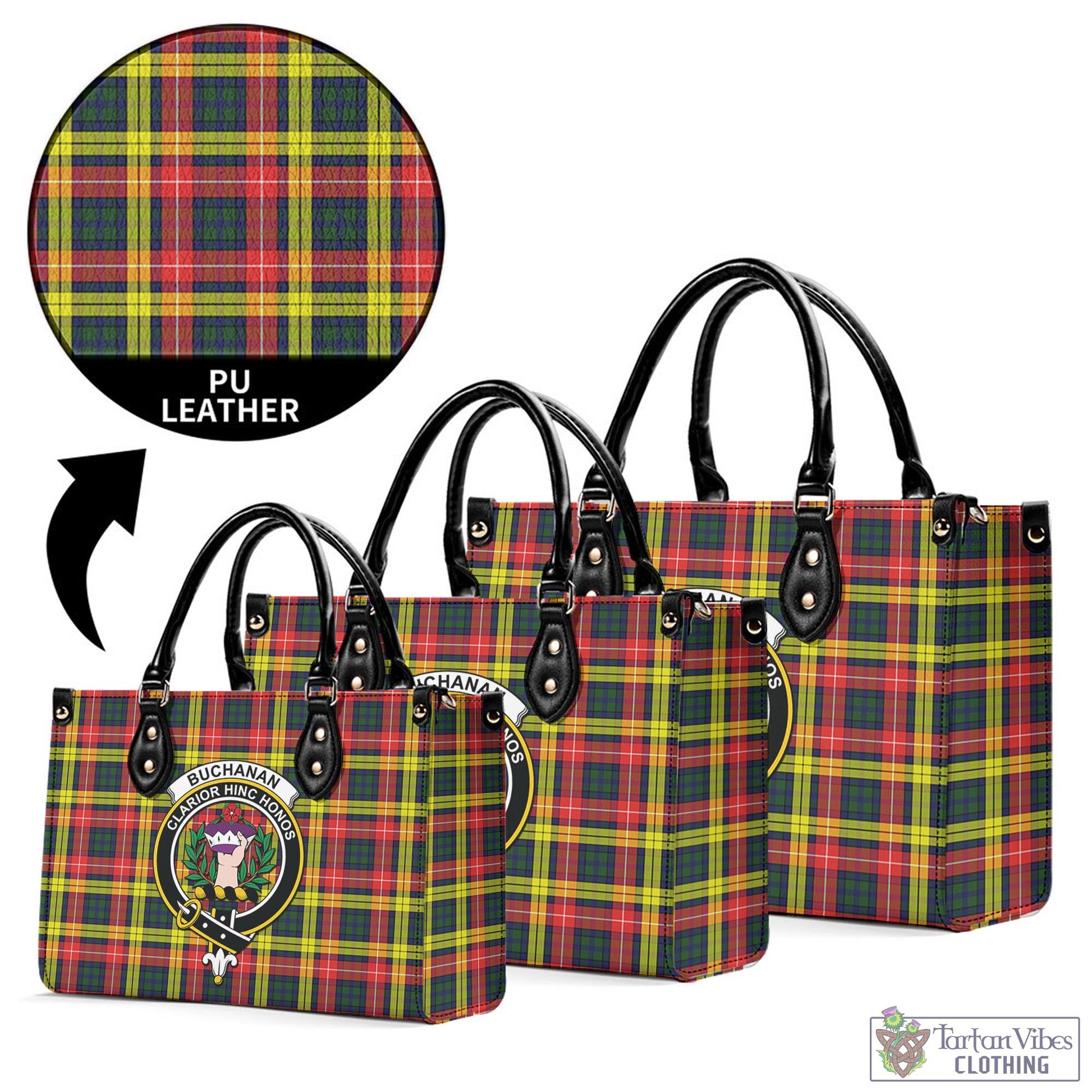 Tartan Vibes Clothing Buchanan Modern Tartan Luxury Leather Handbags with Family Crest