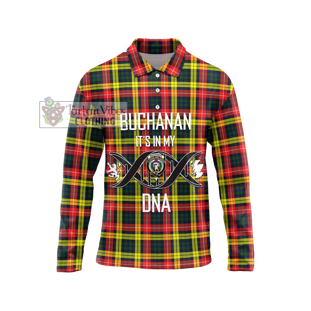 Buchanan Modern Tartan Long Sleeve Polo Shirt with Family Crest DNA In Me Style Unisex - Tartanvibesclothing Shop