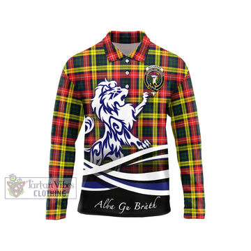 Buchanan Modern Tartan Long Sleeve Polo Shirt with Alba Gu Brath Regal Lion Emblem