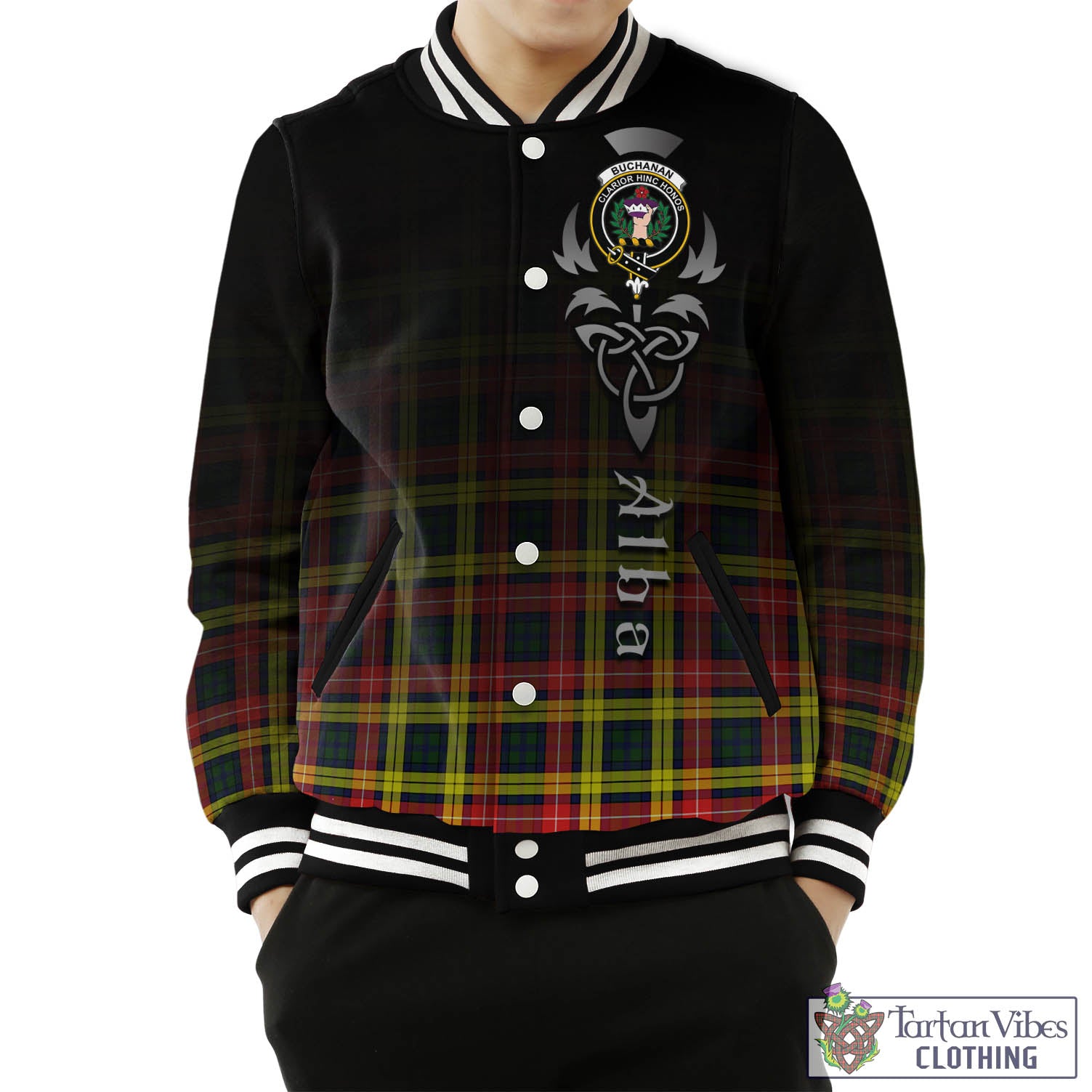 Tartan Vibes Clothing Buchanan Modern Tartan Baseball Jacket Featuring Alba Gu Brath Family Crest Celtic Inspired