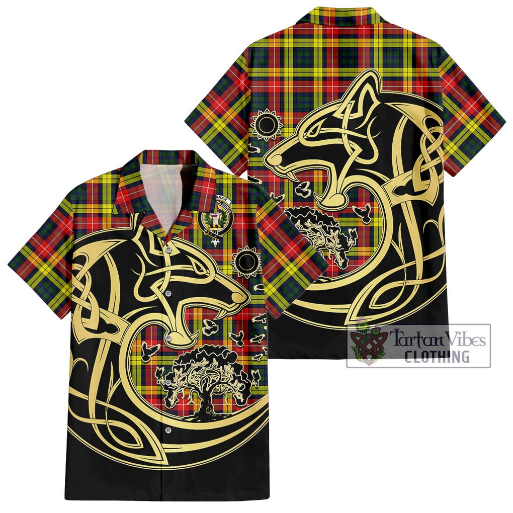 Buchanan Modern Tartan Short Sleeve Button Shirt with Family Crest Celtic Wolf Style Kid - Tartan Vibes Clothing