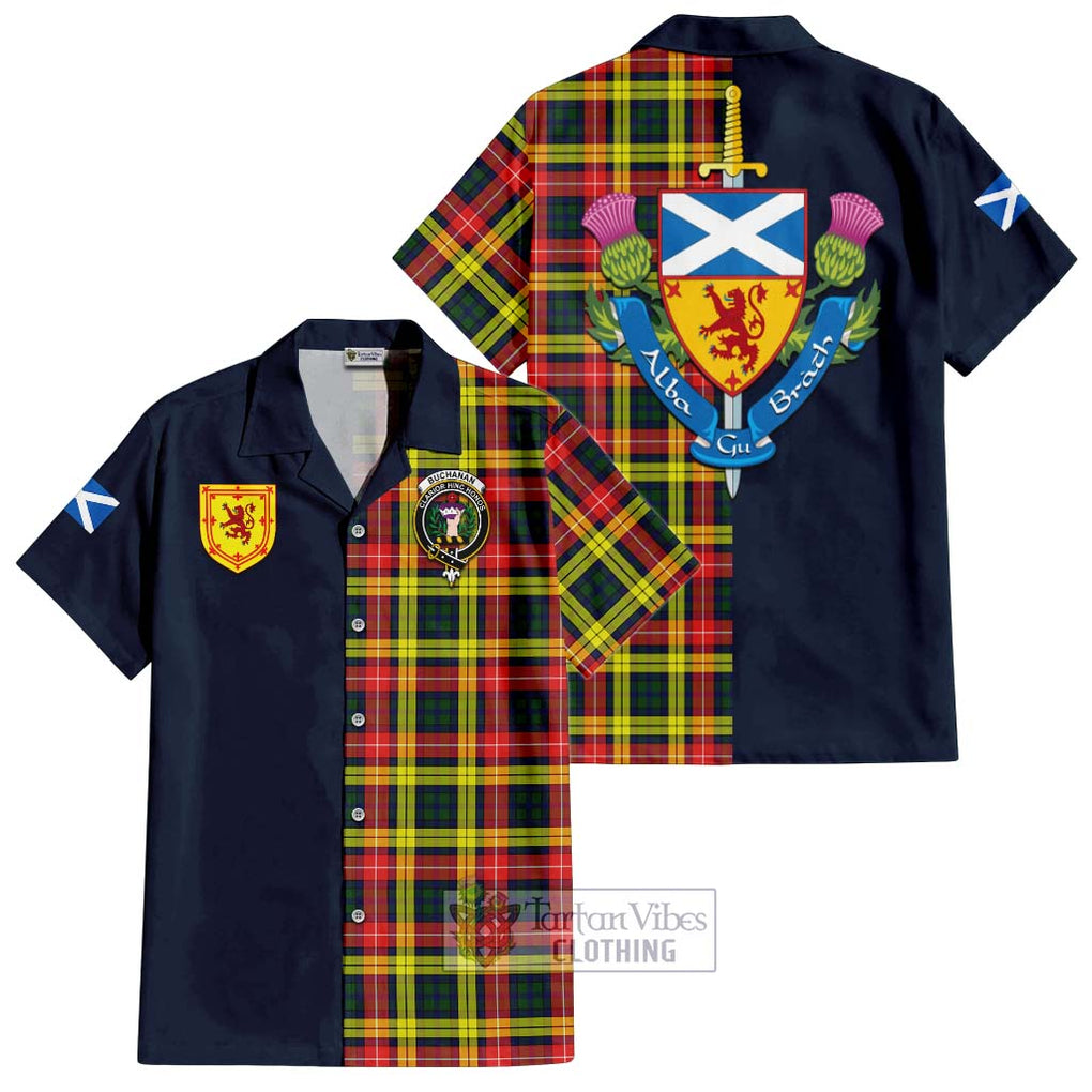 Tartan Vibes Clothing Buchanan Modern Tartan Short Sleeve Button Shirt with Scottish Lion Royal Arm Half Style