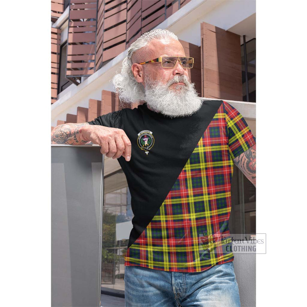 Tartan Vibes Clothing Buchanan Modern Tartan Cotton T-shirt with Family Crest and Military Logo Style