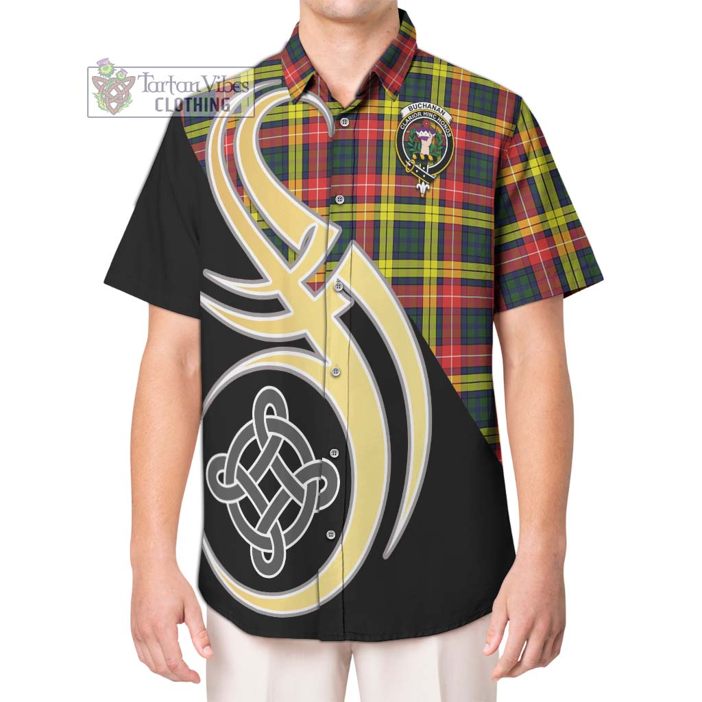 Buchanan Modern Tartan Short Sleeve Button Shirt with Family Crest and Celtic Symbol Style Kid - Tartan Vibes Clothing