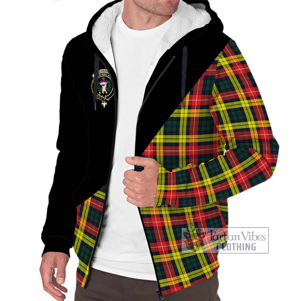 Buchanan Modern Tartan Sherpa Hoodie with Family Crest and Military Logo Style Unisex S - Tartanvibesclothing Shop