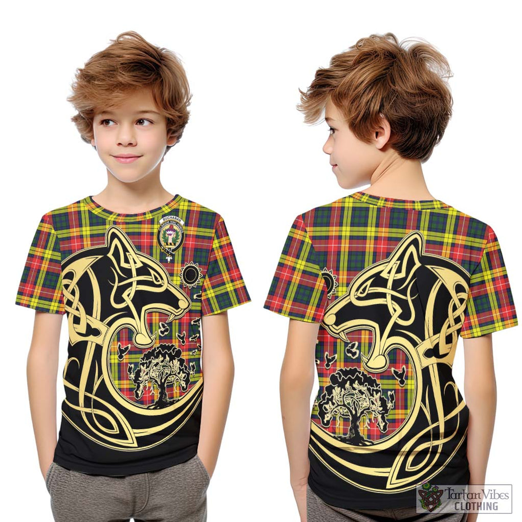 Buchanan Modern Tartan Kid T-Shirt with Family Crest Celtic Wolf Style Youth XL Size14 - Tartan Vibes Clothing