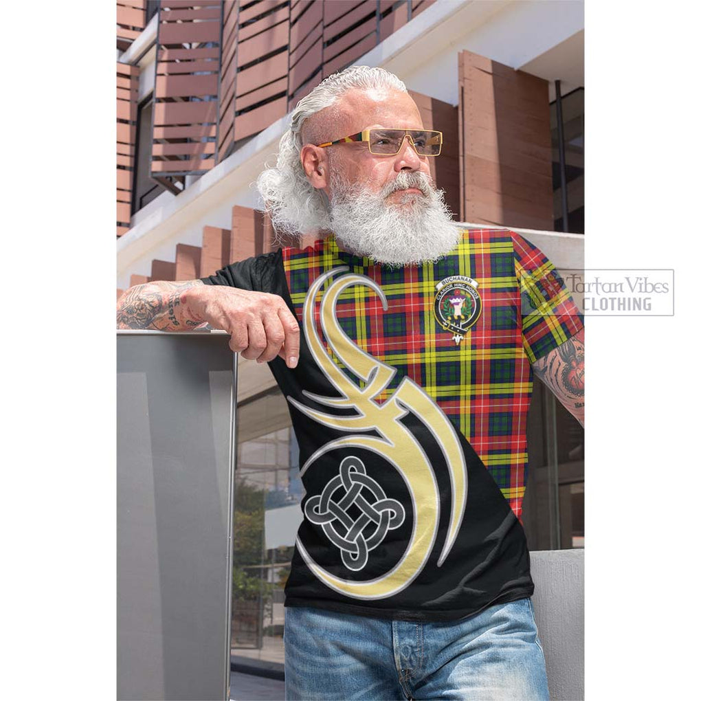 Tartan Vibes Clothing Buchanan Modern Tartan Cotton T-shirt with Family Crest and Celtic Symbol Style