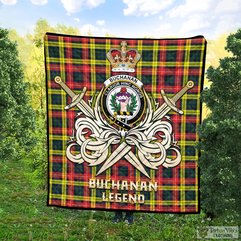 Tartan Vibes Clothing Buchanan Modern Tartan Quilt with Clan Crest and the Golden Sword of Courageous Legacy