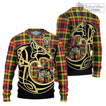 Buchanan Modern Tartan Ugly Sweater with Family Crest Celtic Wolf Style