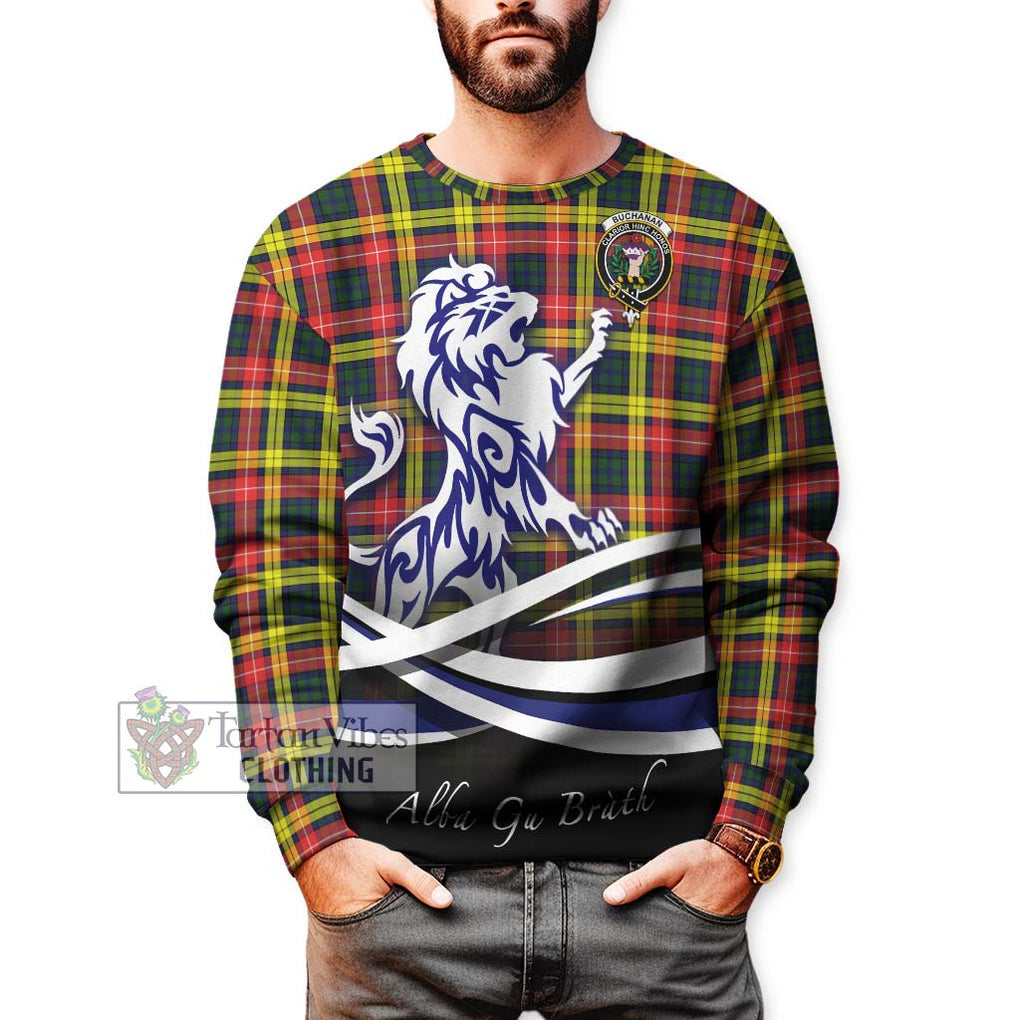 Buchanan Modern Tartan Sweatshirt with Alba Gu Brath Regal Lion Emblem Unisex - Tartanvibesclothing Shop