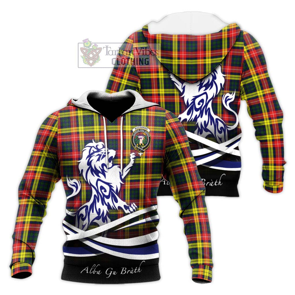 Buchanan Modern Tartan Knitted Hoodie with Alba Gu Brath Regal Lion Emblem Unisex Knitted Pullover Hoodie - Tartanvibesclothing Shop