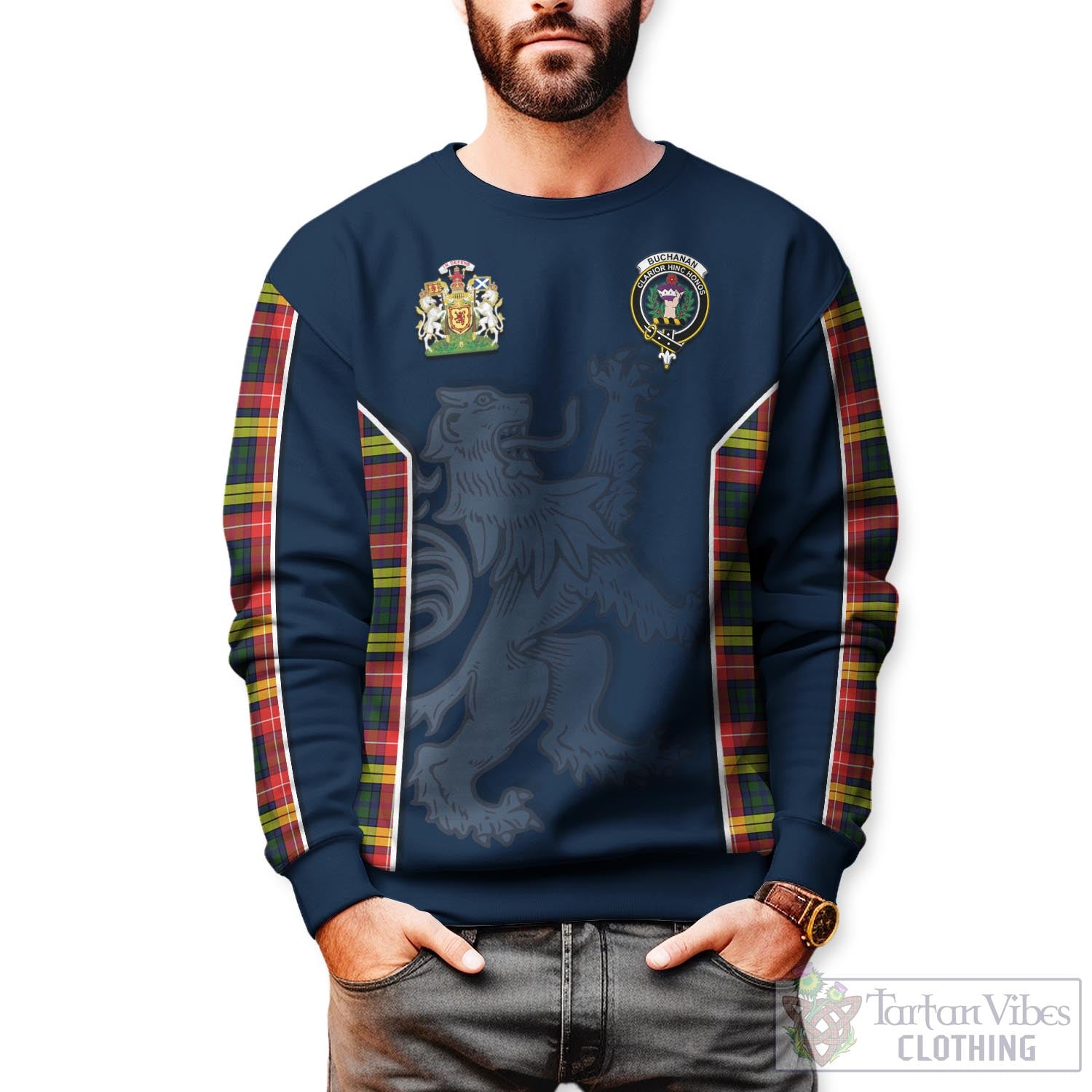 Tartan Vibes Clothing Buchanan Modern Tartan Sweater with Family Crest and Lion Rampant Vibes Sport Style