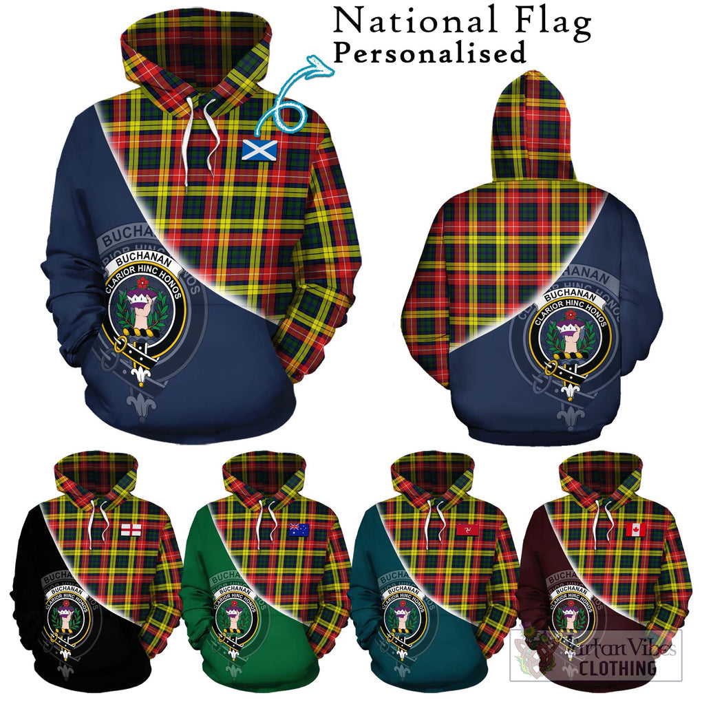 Buchanan Modern Tartan Hoodie with Personalised National Flag and Family Crest Half Style Zip Hoodie - Tartanvibesclothing Shop