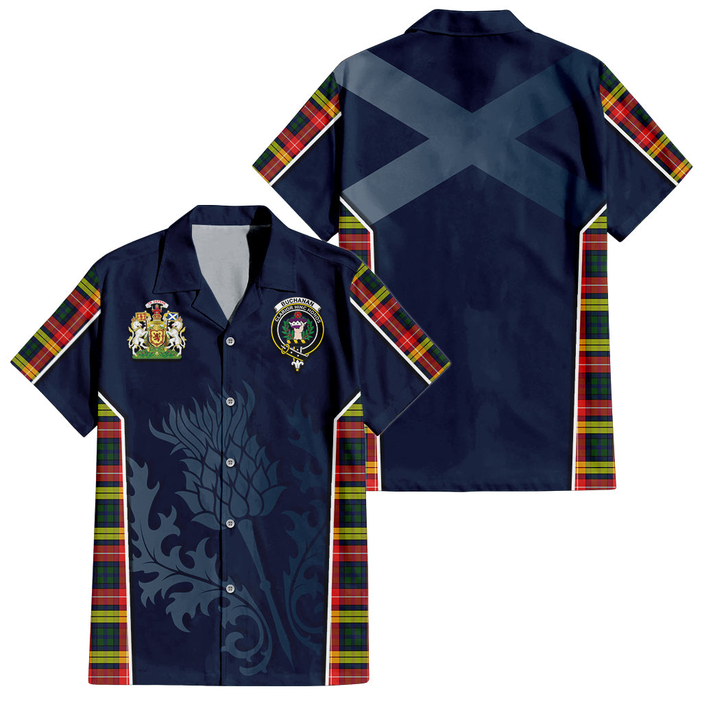 Tartan Vibes Clothing Buchanan Modern Tartan Short Sleeve Button Up Shirt with Family Crest and Scottish Thistle Vibes Sport Style