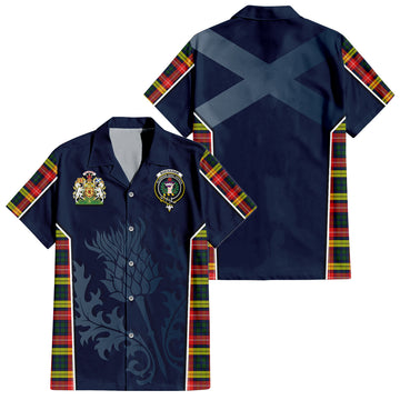 Buchanan Modern Tartan Short Sleeve Button Up Shirt with Family Crest and Scottish Thistle Vibes Sport Style