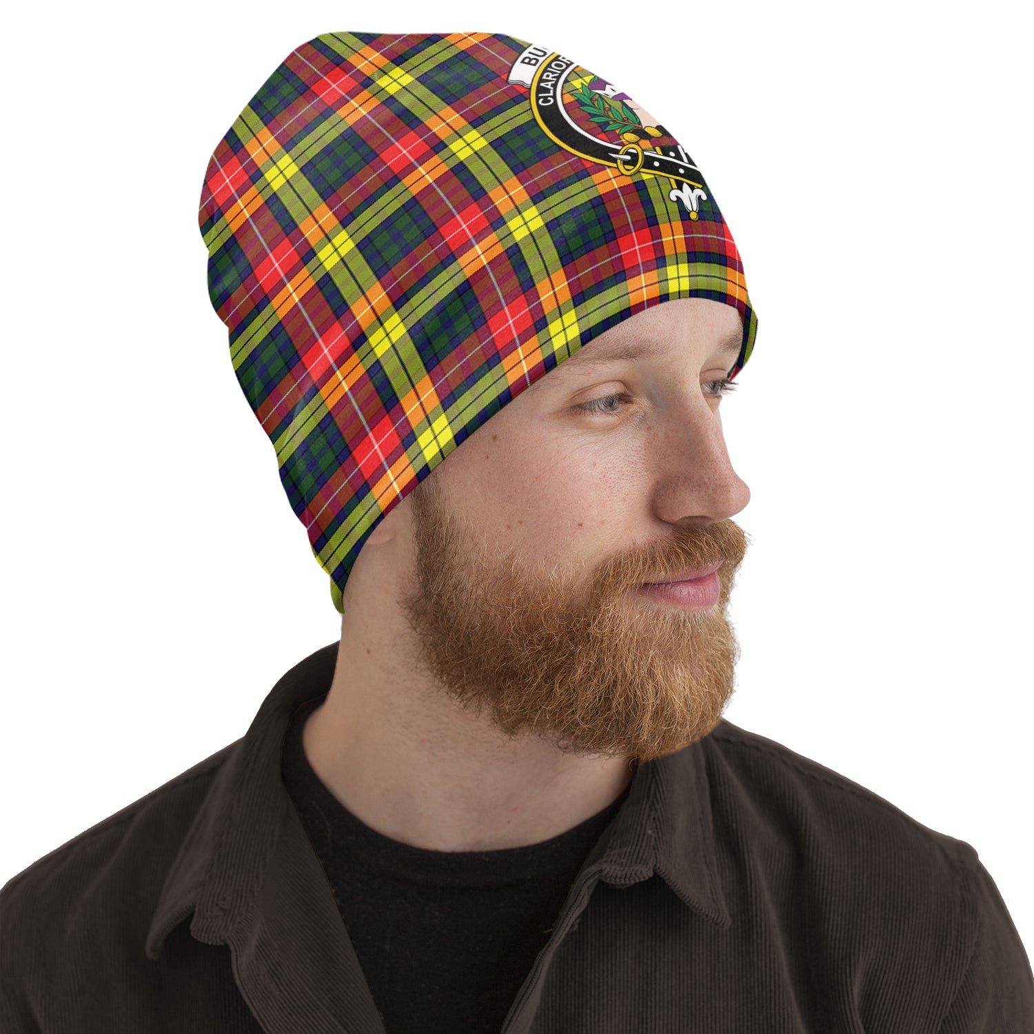 Buchanan Modern Tartan Beanies Hat with Family Crest One Size 22 inches 15.5 inches - Tartanvibesclothing