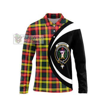 Buchanan Modern Tartan Long Sleeve Polo Shirt with Family Crest Circle Style