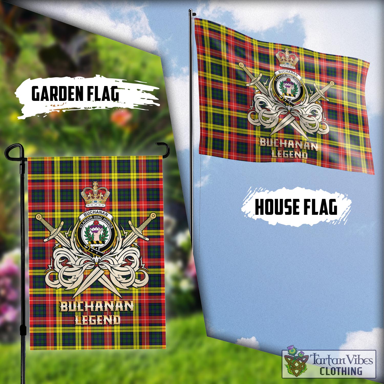 Tartan Vibes Clothing Buchanan Modern Tartan Flag with Clan Crest and the Golden Sword of Courageous Legacy