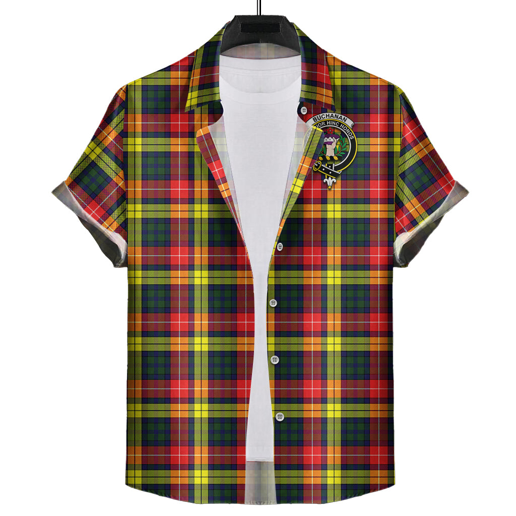 Buchanan Modern Tartan Short Sleeve Button Down Shirt with Family Crest - Tartanvibesclothing