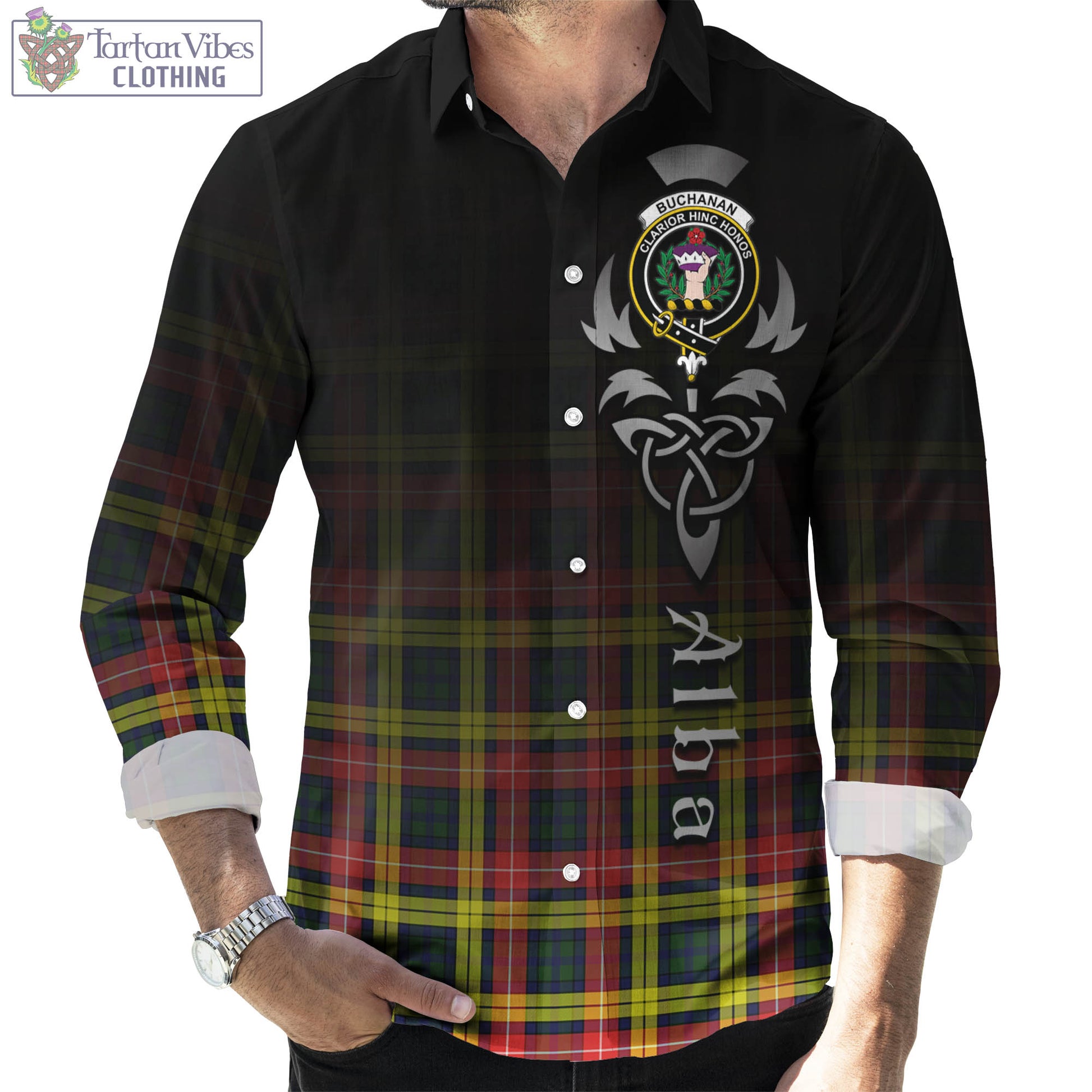 Tartan Vibes Clothing Buchanan Modern Tartan Long Sleeve Button Up Featuring Alba Gu Brath Family Crest Celtic Inspired