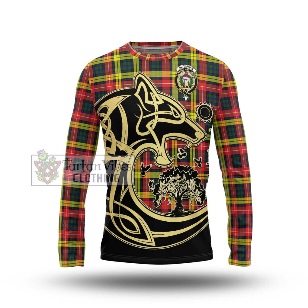 Buchanan Modern Tartan Long Sleeve T-Shirt with Family Crest Celtic Wolf Style Unisex - Tartan Vibes Clothing