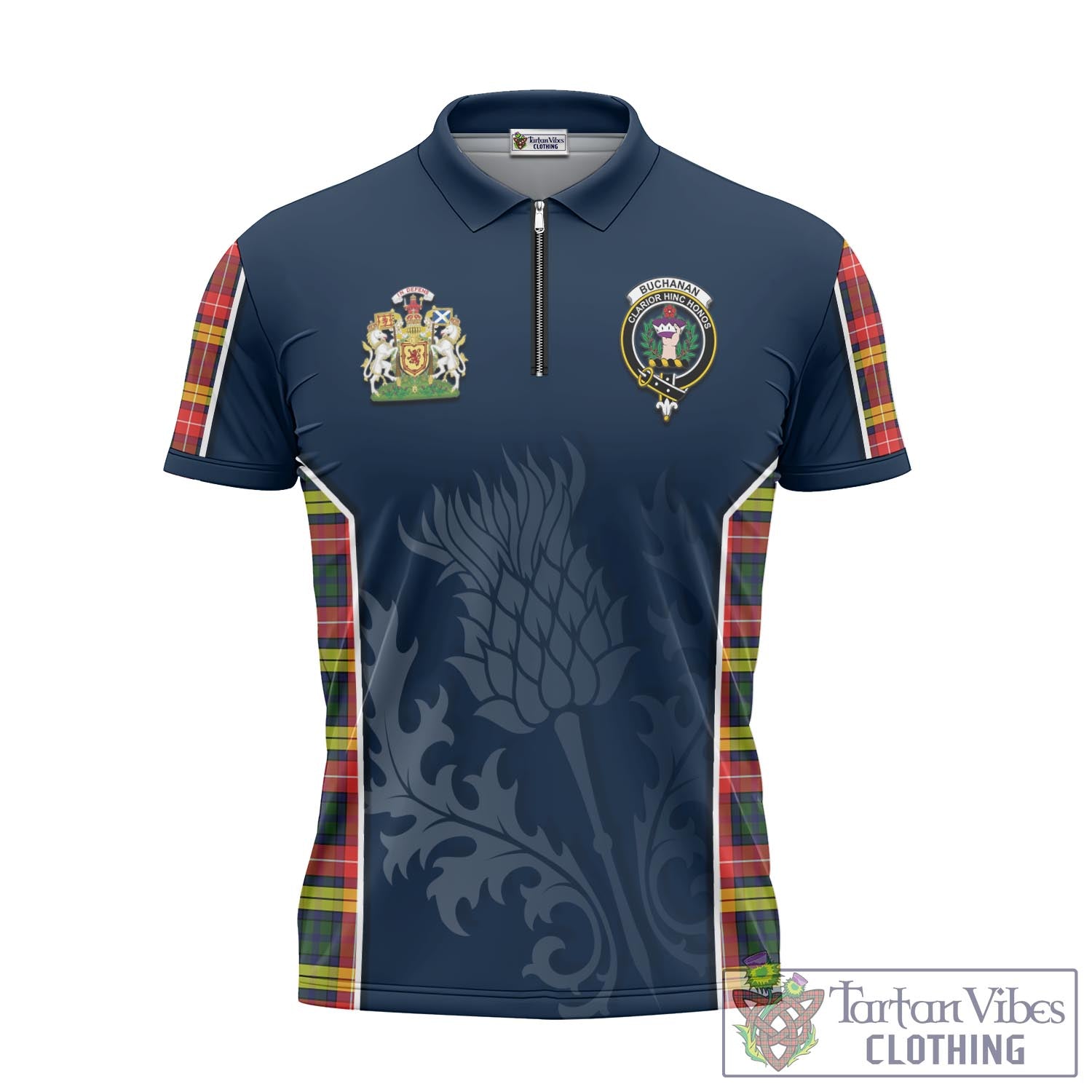 Tartan Vibes Clothing Buchanan Modern Tartan Zipper Polo Shirt with Family Crest and Scottish Thistle Vibes Sport Style