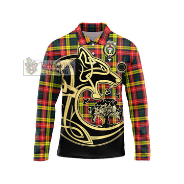 Buchanan Modern Tartan Long Sleeve Polo Shirt with Family Crest Celtic Wolf Style