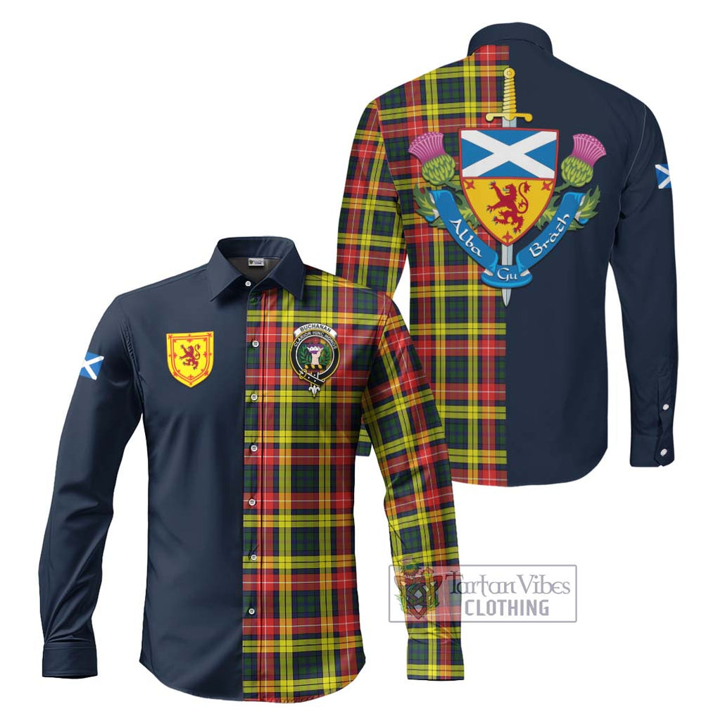 Tartan Vibes Clothing Buchanan Modern Tartan Long Sleeve Button Shirt with Scottish Lion Royal Arm Half Style