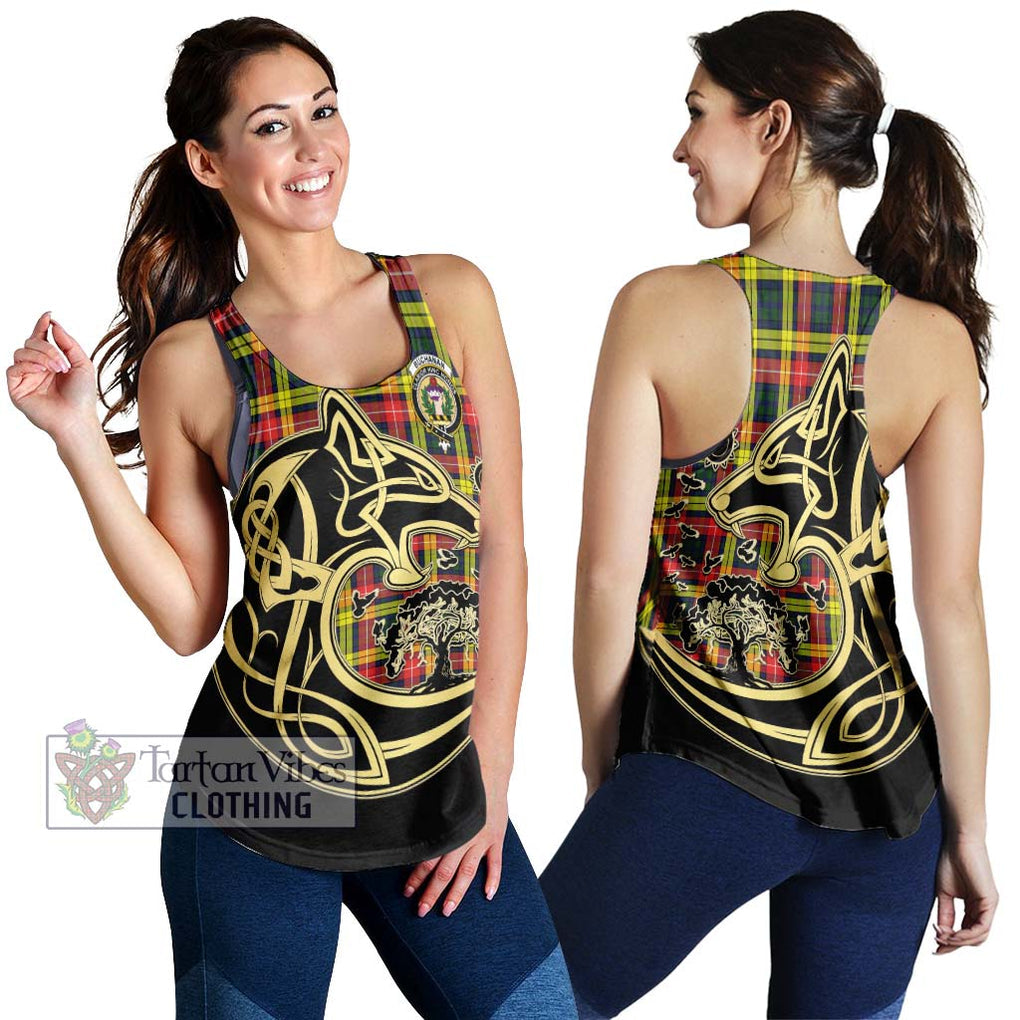 Buchanan Modern Tartan Women's Racerback Tanks with Family Crest Celtic Wolf Style 4XL - Tartan Vibes Clothing